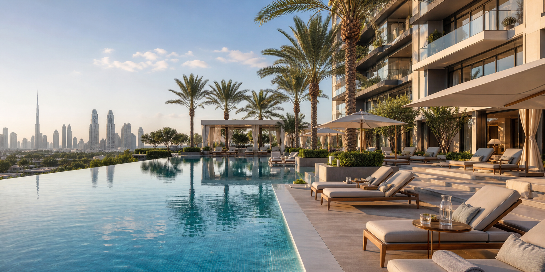 Dubai residential pool deck and skyline