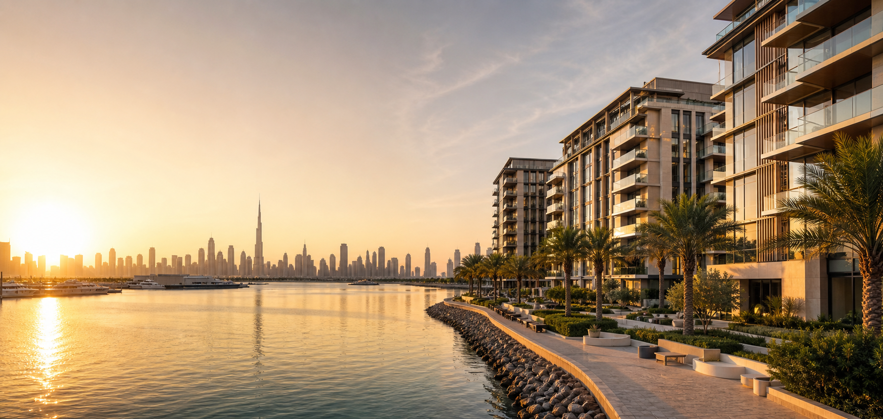 Dubai waterfront residences at golden hour